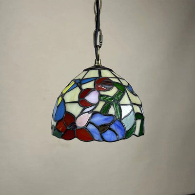 Traditional Tiffany Round Dome Petunia Baroque Zinc Stained Glass 1-Light Pendant Light For Living Room