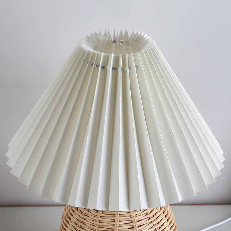 Contemporary Nordic Rattan Fabric Pleated Conic Ball LED Table Lamp For Bedroom