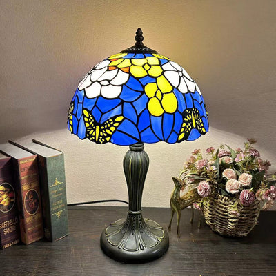 Traditional Tiffany Round Dome Flower Alloy Stained Glass 1-Light Table Lamp For Living Room