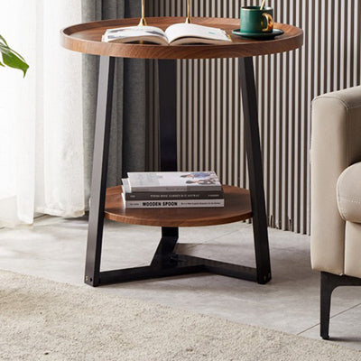 Contemporary Scandinavian Round Wood Iron End Table 2-Tier For Living Room