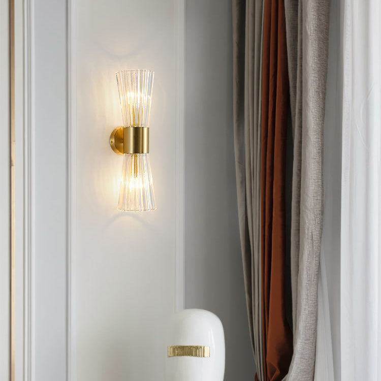 Contemporary Luxury Ribbed Crystal Up And Down Luminous 2-Light Wall Sconce Lamp For Bedroom