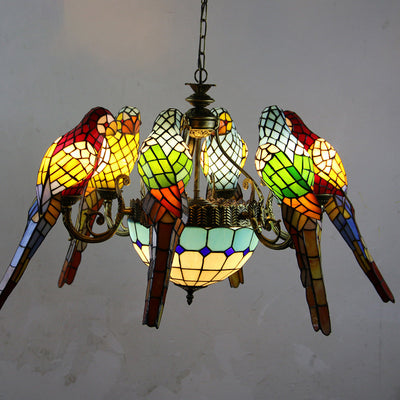 Traditional Tiffany Dome Parrot Alloy Stained Glass 8-Light Chandelier For Living Room