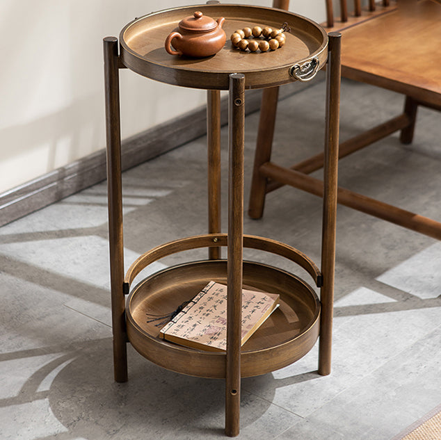 Traditional Chinese Round Bamboo Tray Top End Table 2-Tier For Living Room