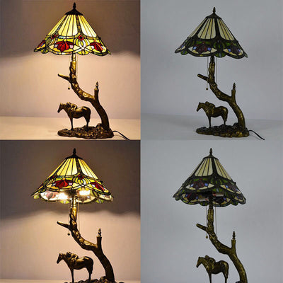 Traditional Tiffany Resin Glass Dome Conic Hemispheric Branch Horse Base 2-Light Table Lamp For Study