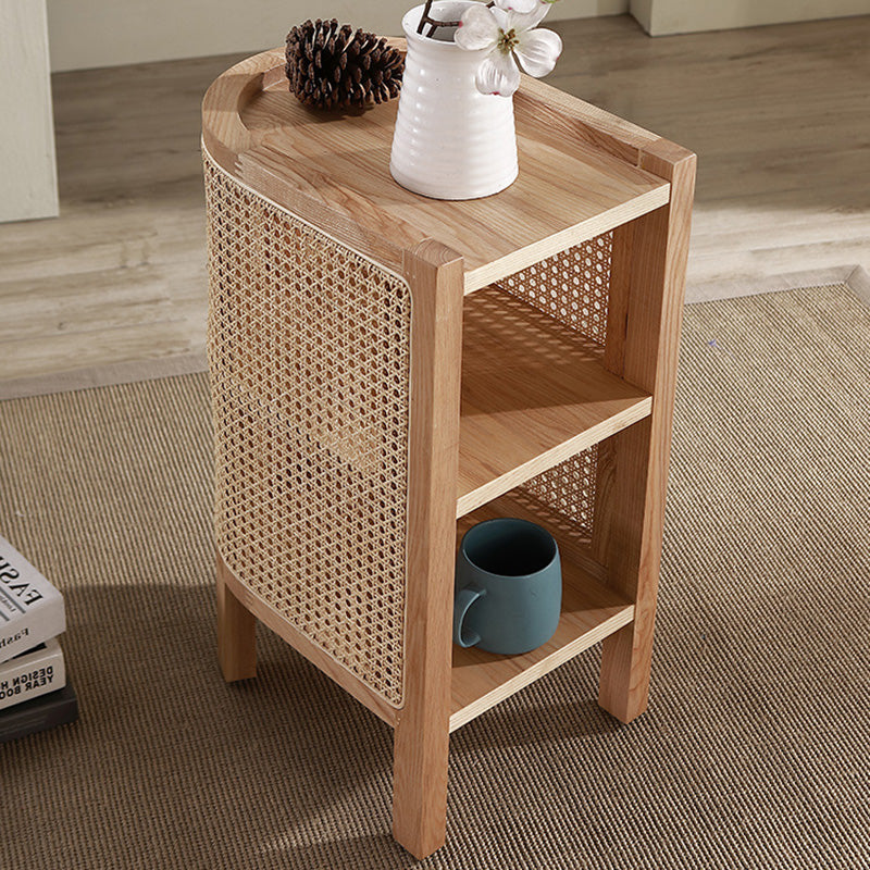 Traditional Japanese Weaving Semicircular Elliptical Rattan Ash Wood Nightstand 2-Storage For Bedside