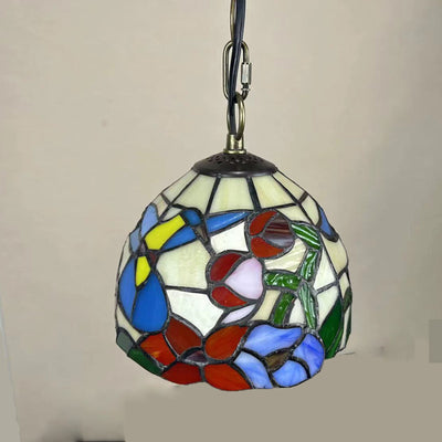 Traditional Tiffany Round Dome Petunia Baroque Zinc Stained Glass 1-Light Pendant Light For Living Room