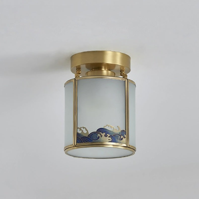 Traditional Chinese Painting Cylinder Copper Solder 1-Light Semi-Flush Mount Ceiling Light For Bedroom