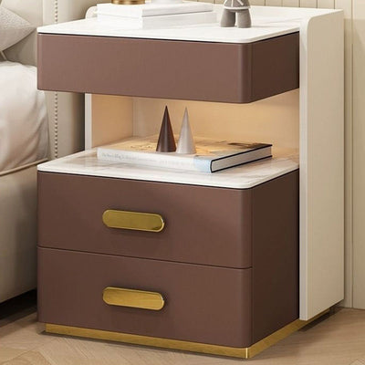 Contemporary Luxury Rectangular Rock Slab Solid Wood Leather Nightstand 2-Drawer For Bedroom