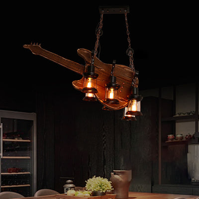 Traditional Farmhouse Wood Carving Guitar Shape Iron 6-Light Chandelier For Dining Room