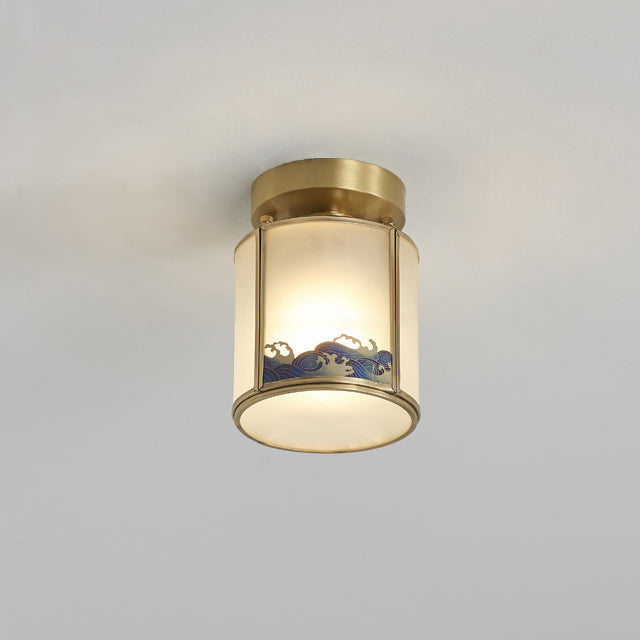 Traditional Chinese Brass Glass Cylinder 1-Light Semi-Flush Mount Ceiling Light For Living Room