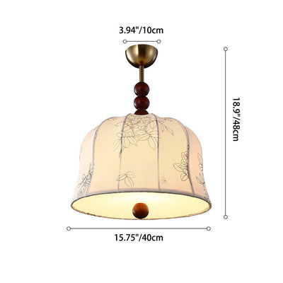 Traditional French Romantic Round Floral Fabric Wood Metal 1-Light Pendant Light For Bedroom