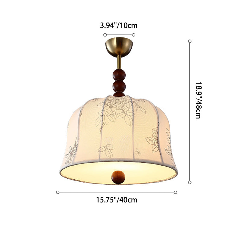 Traditional French Romantic Round Floral Fabric Wood Metal 1-Light Pendant Light For Bedroom