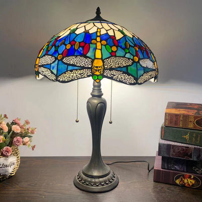 Traditional Tiffany Umbrella Flower Dragonfly Alloy Stained Glass 2-Light Table Lamp For Bedroom