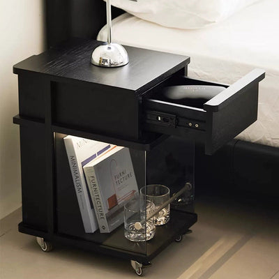 Modern Minimalist Square Frame Solid Wood Glass Stainless Steel Nightstand 1-Cabinet For Bedroom