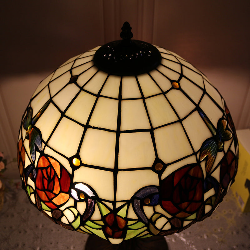 Traditional Tiffany Dome Rose Zipped Zinc Alloy Glass 2-Light Table Lamp For Bedside