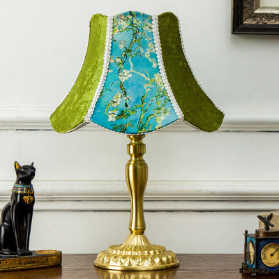 Traditional European Metal Fabric Floral Painted Frilled 1-Light Table Lamp For Bedroom