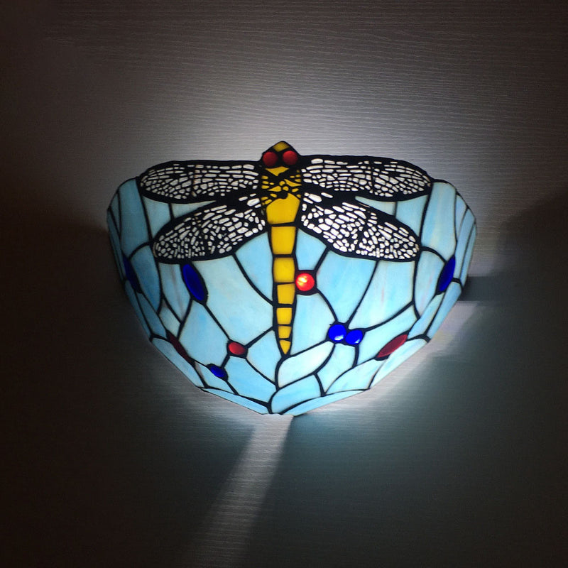 Traditional Tiffany Alloy Glass Diamond Semicircular Flower Dragonfly 1-Light Wall Sconce Lamp For Hallway