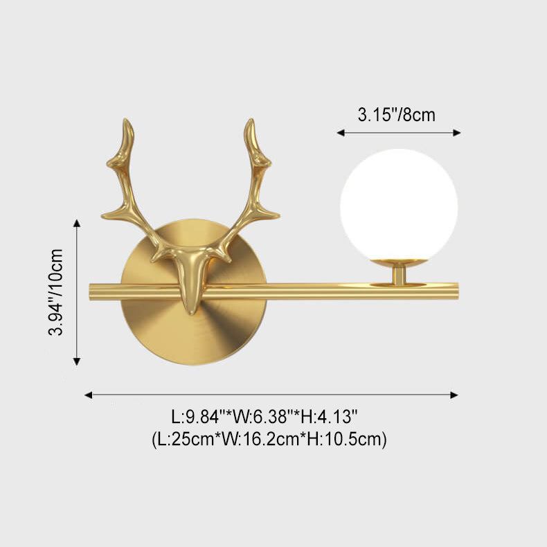 Applique murale moderne de luxe à 1 lumière en verre et laiton avec bois de cerf 