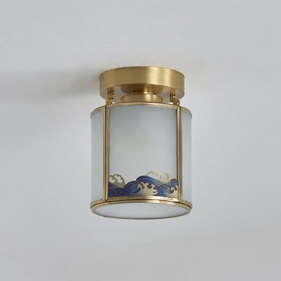 Traditional Chinese Brass Glass Cylinder 1-Light Semi-Flush Mount Ceiling Light For Living Room