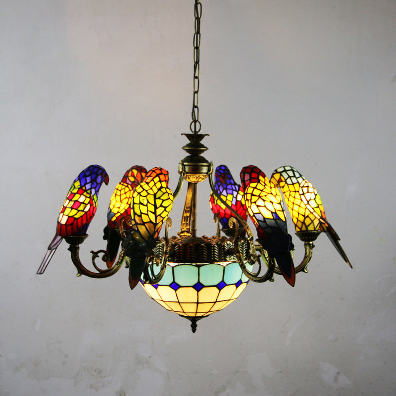 Traditional Tiffany Dome Parrot Alloy Stained Glass 8-Light Chandelier For Living Room