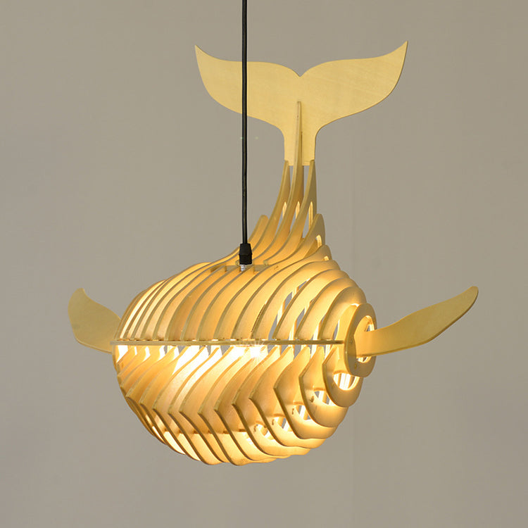 Traditional Chinese Whale Wood 1-Light Pendant Light For Dining Room