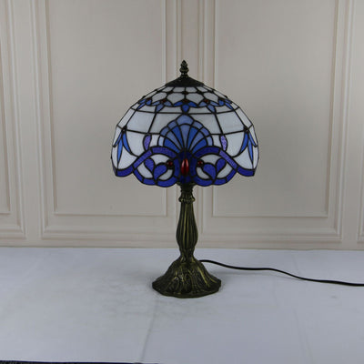 Traditional Tiffany Stained Glass Dome Shade Lotus Alloy Base 1-Light Table Lamp For Bedroom