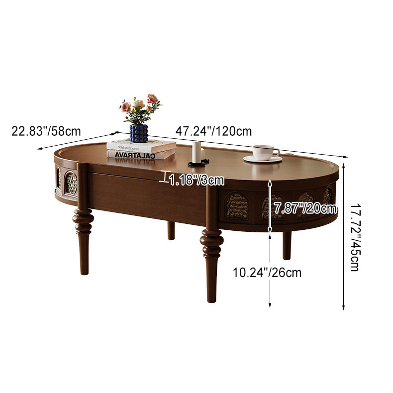 Contemporary Retro Elliptical Column Ripple Glass Wood Coffee Table 2-Drawer For Living Room