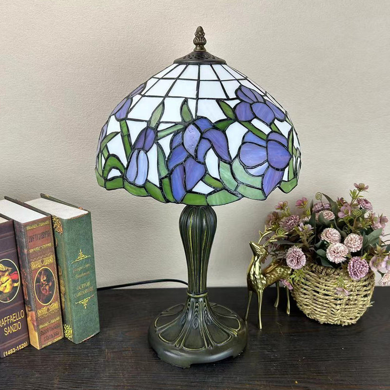 Traditional Tiffany Round Dome Flower Alloy Stained Glass 1-Light Table Lamp For Living Room