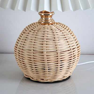 Contemporary Nordic Rattan Fabric Pleated Conic Ball LED Table Lamp For Bedroom