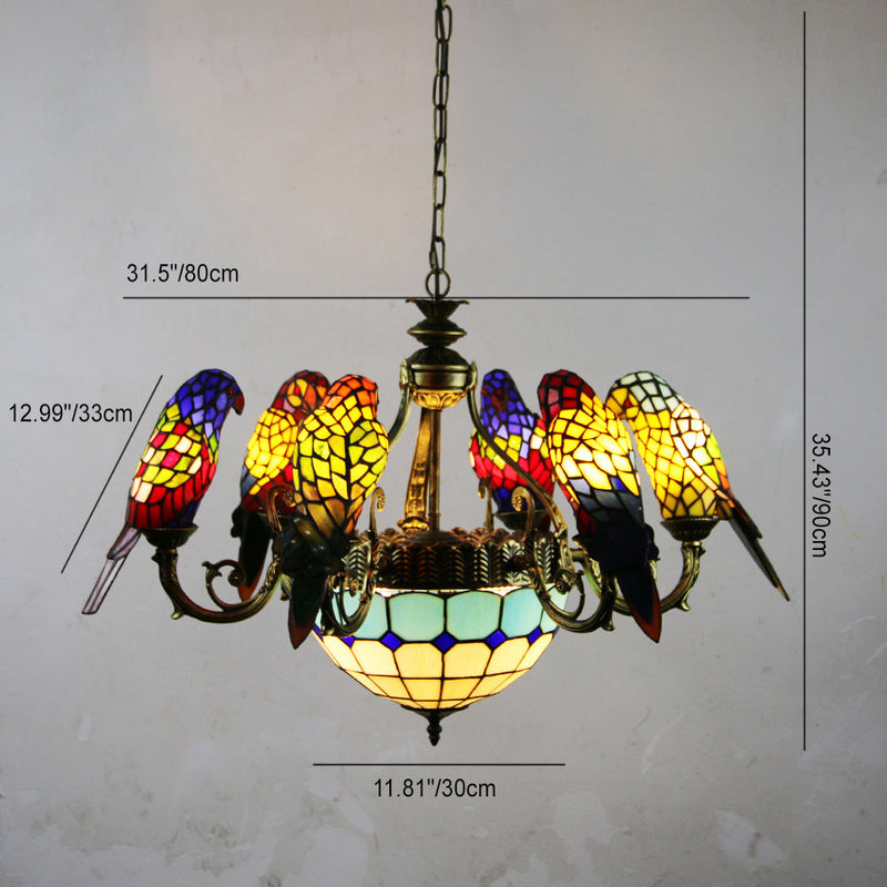 Traditional Tiffany Dome Parrot Alloy Stained Glass 8-Light Chandelier For Living Room