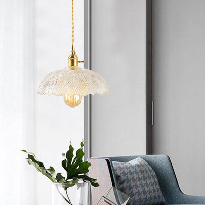 Traditional Japanese Brass Flower Glass Shade 1-Light Pendant Light For Living Room