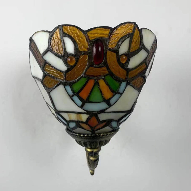 Traditional Tiffany Flower Iron Stained Glass 1-Light Wall Sconce Lamp For Living Room