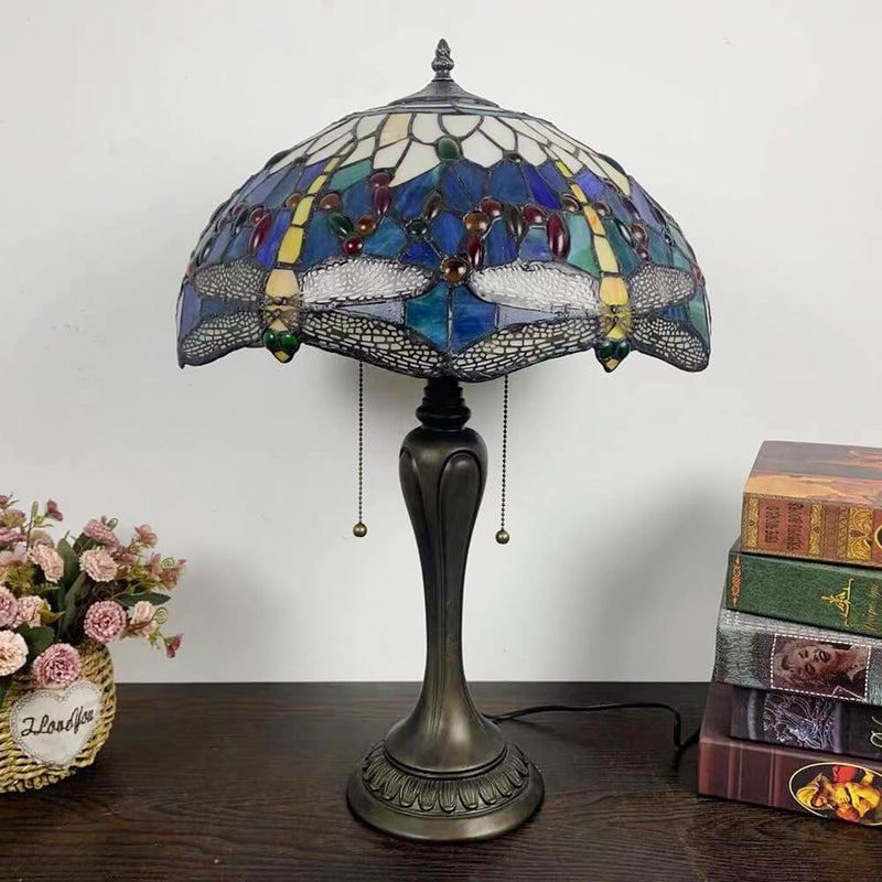 Traditional Tiffany Umbrella Flower Dragonfly Alloy Stained Glass 2-Light Table Lamp For Bedroom