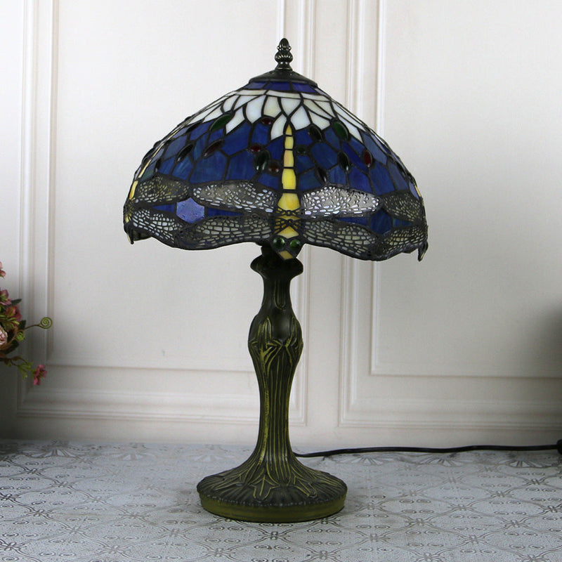 Traditional Tiffany Dragonfly Stained Glass Resin Base 1-Light Table Lamp For Home Office