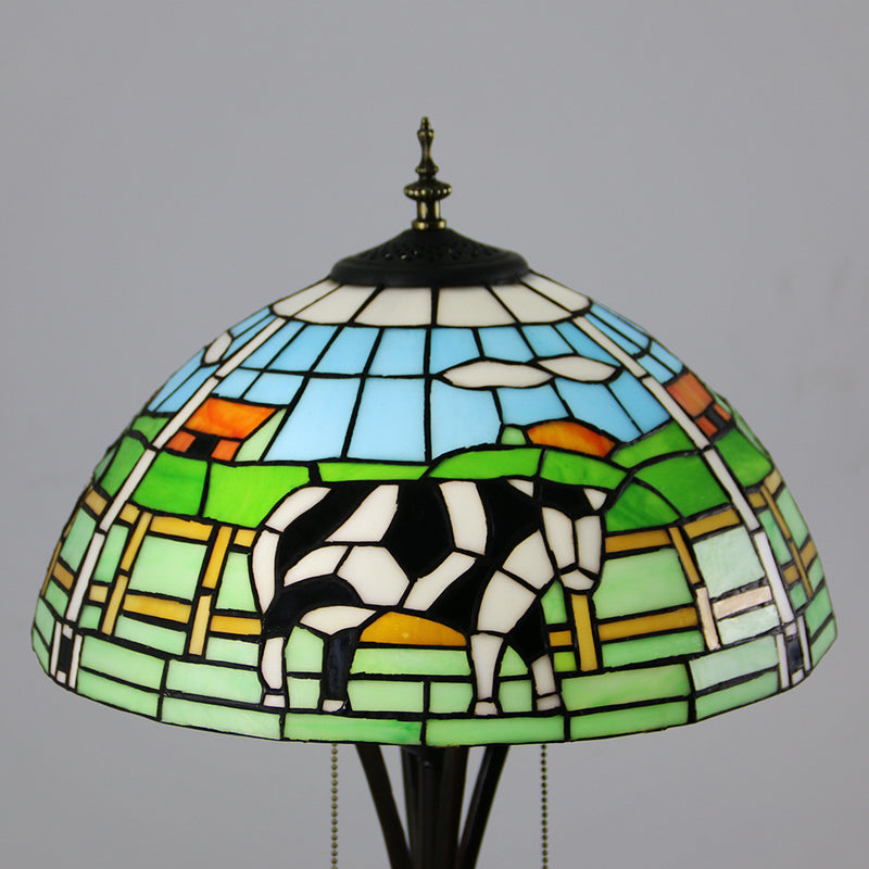 Traditional Tiffany Resin Glass Semicircular Dome Cow Diamond Flower 2-Light Standing Floor Lamp For Dining Room