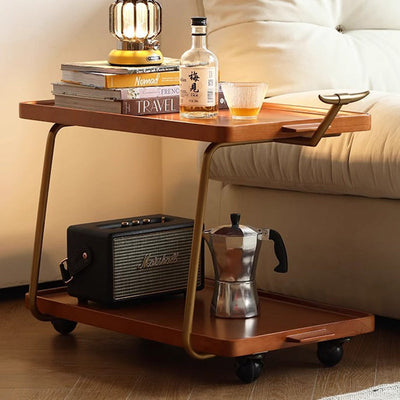 Contemporary Retro Rectangular Rubber Wood Stainless Steel Movable Side Table 2-Tier For Living Room