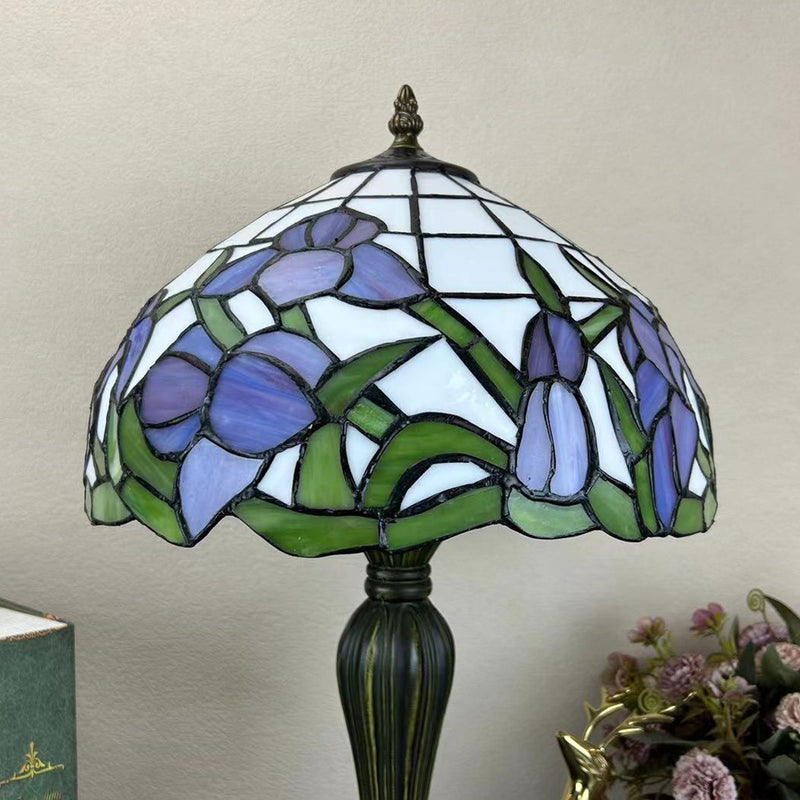 Traditional Tiffany Round Dome Flower Alloy Stained Glass 1-Light Table Lamp For Living Room