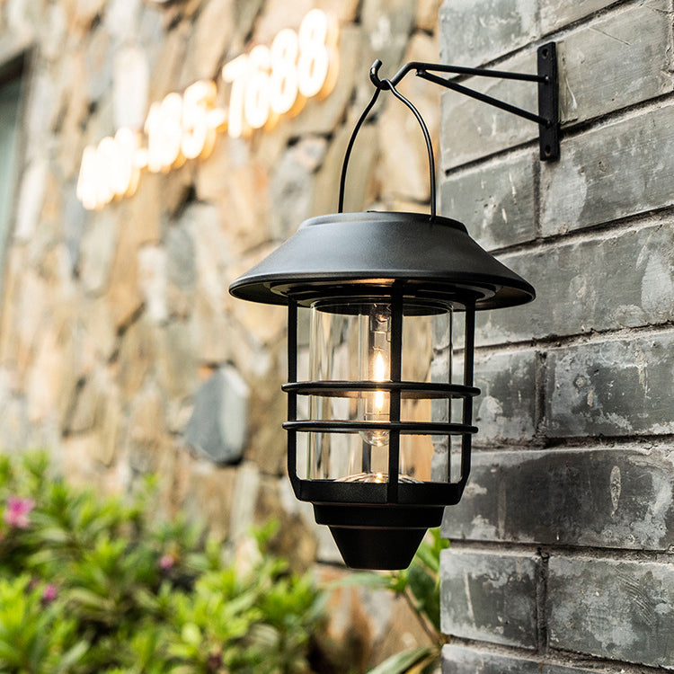 Contemporary Retro Solar Waterproof Aluminum Glass Lantern Cylinder 1-Light Hanging Wall Sconce Lamp For Outdoor Patio