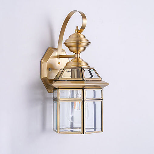 Traditional European Waterproof Hexagonal All Copper Glass 1-Light Wall Sconce Lamp For Garden