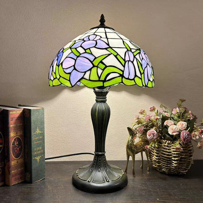 Traditional Tiffany Round Dome Flower Alloy Stained Glass 1-Light Table Lamp For Living Room