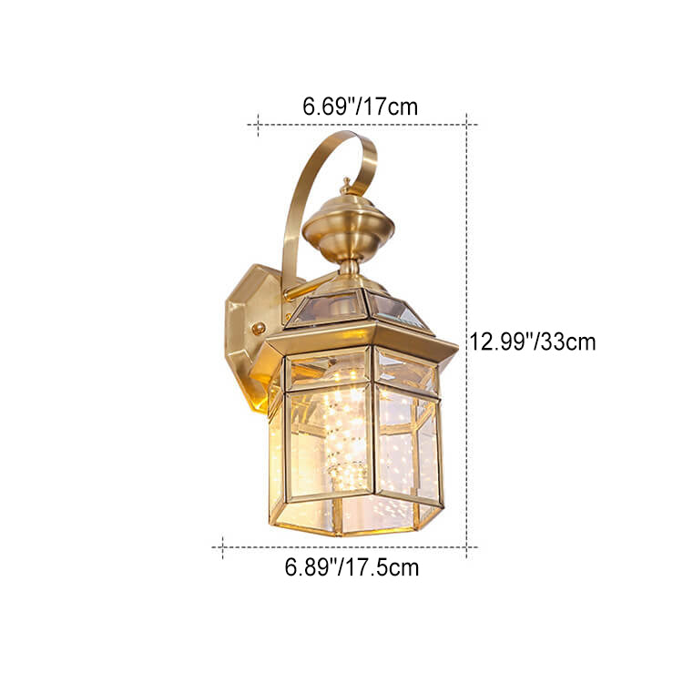 Traditional European Waterproof Hexagonal All Copper Glass 1-Light Wall Sconce Lamp For Garden