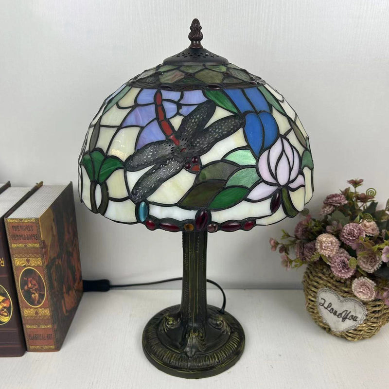 Traditional Tiffany Dome Flower Iron Glass 1-Light Table Lamp For Living Room