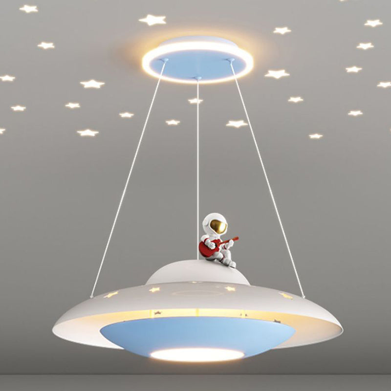 Modern Art Deco Kids Iron Acrylic UFO Spaceship Astronaut Round LED Pendant Light For Bedroom