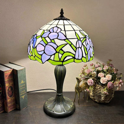 Traditional Tiffany Round Dome Flower Alloy Stained Glass 1-Light Table Lamp For Living Room