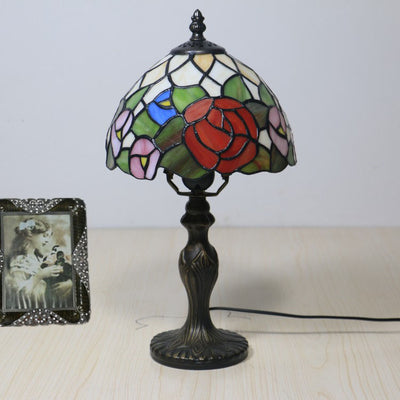 Lampe de table traditionnelle à 1 lumière en forme de parapluie en résine et verre Tiffany pour chambre à coucher 