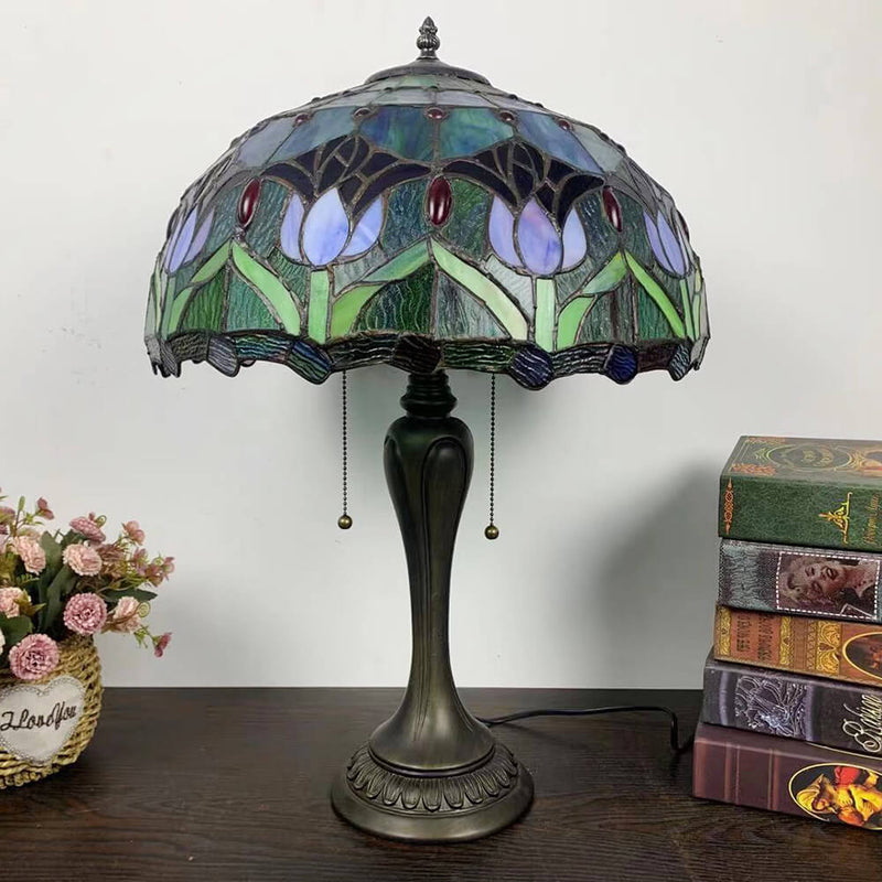 Traditional Tiffany Umbrella Flower Dragonfly Alloy Stained Glass 2-Light Table Lamp For Bedroom