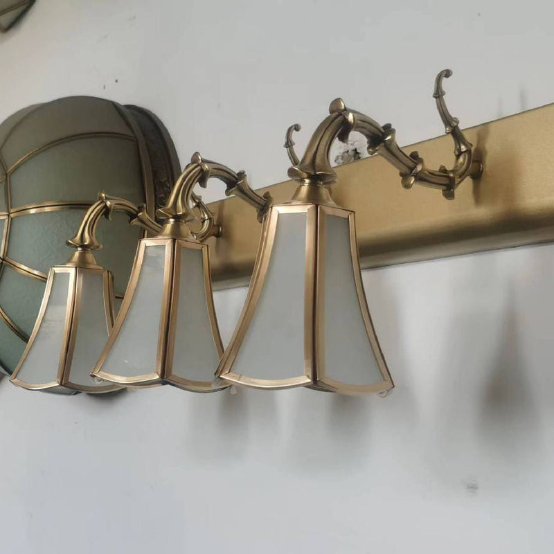 Traditional European Brass Finish Frame Flower Shade 3-Light Bathroom Vanity Mirror Front Wall Sconce Lamp For Bathroom