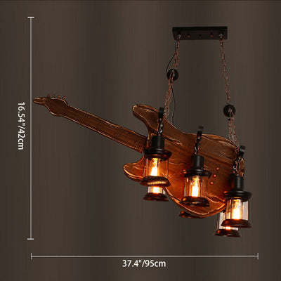 Lustre traditionnel à 6 lumières en fer en forme de guitare sculpté sur bois de ferme pour salle à manger 