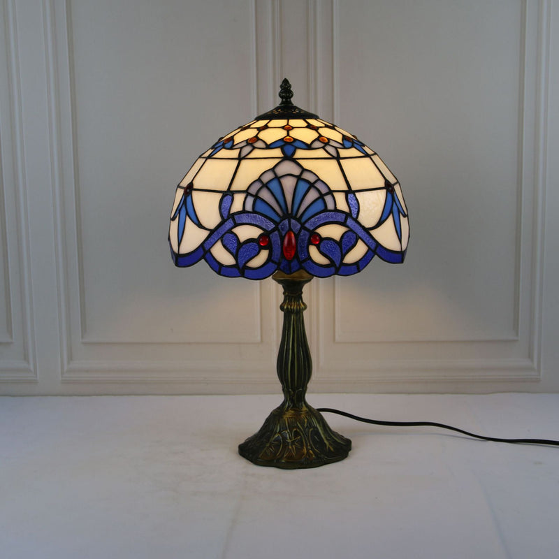 Traditional Tiffany Stained Glass Dome Shade Lotus Alloy Base 1-Light Table Lamp For Bedroom