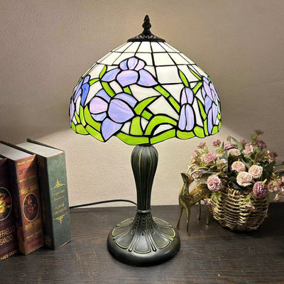 Traditional Tiffany Round Dome Flower Alloy Stained Glass 1-Light Table Lamp For Living Room